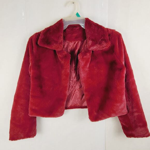 Plush faux fur cropped open front jacket maroon red size Med Luxe Soft Maximal - Picture 1 of 6
